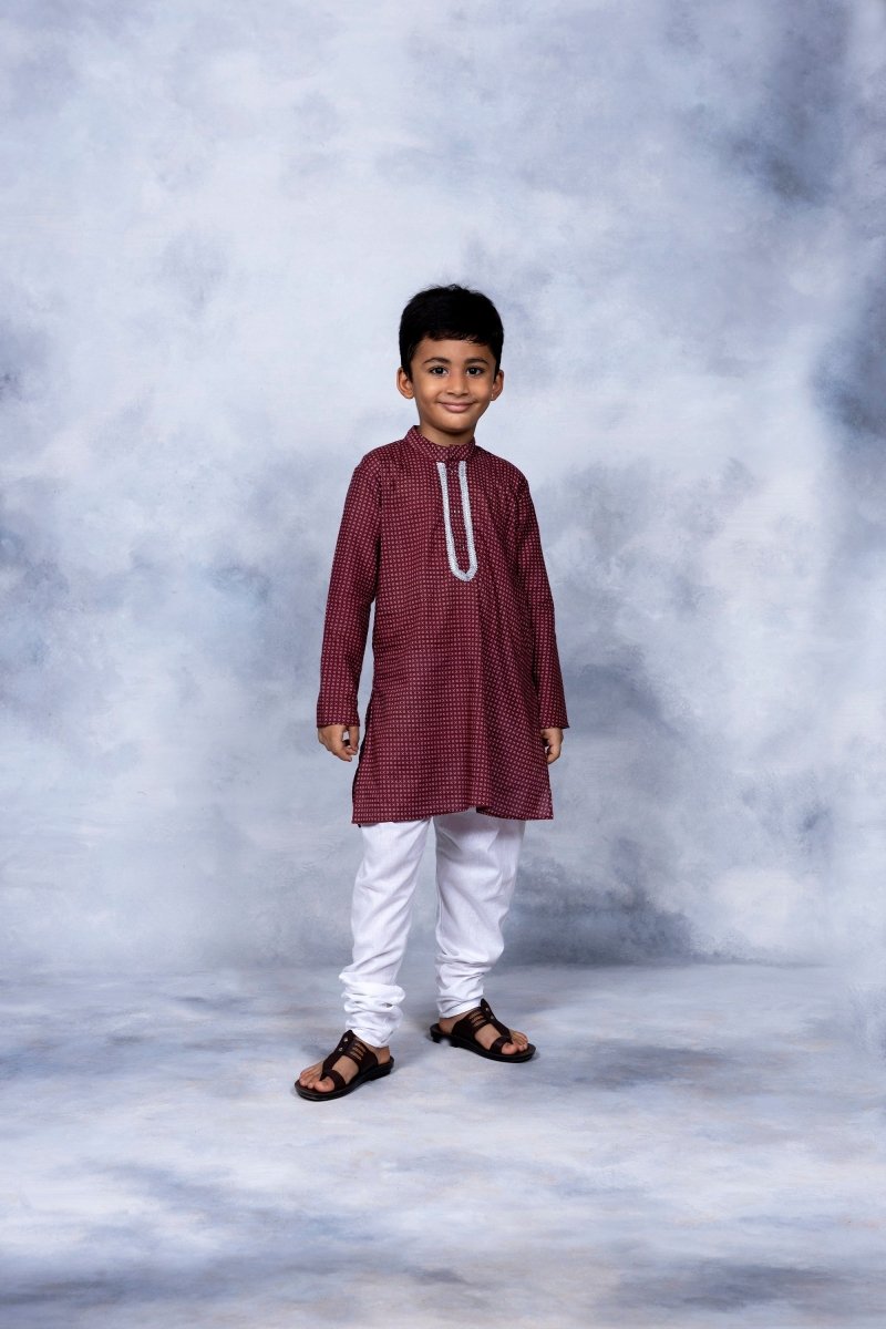 Ahalyaa Boys Maroon Pure Cotton Digital Print Kids Kurta Churidar Set | Swadesiicart