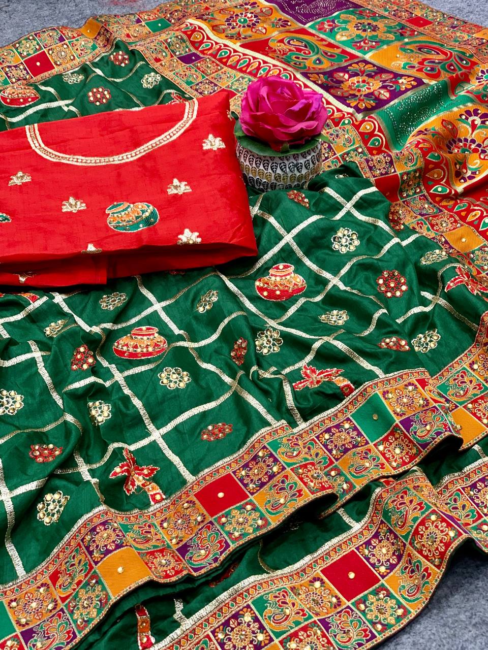 Lorenvalley Fashion Premium Green Dola Silk Embroidery and Diamond work with Jacquard Lace Border Saree - Swadesiicart