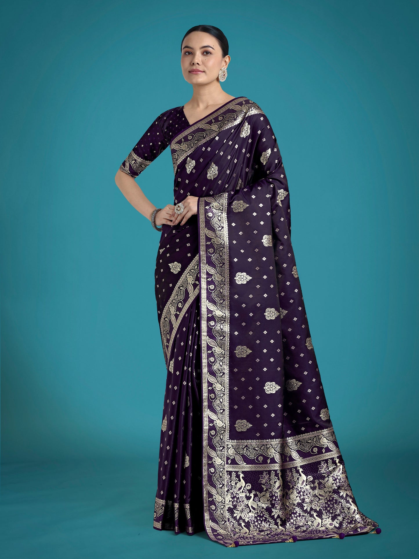 Monjolika Fashion Traditional Purple Woven Banarasi Satin Silk Saree | Swadesiicart