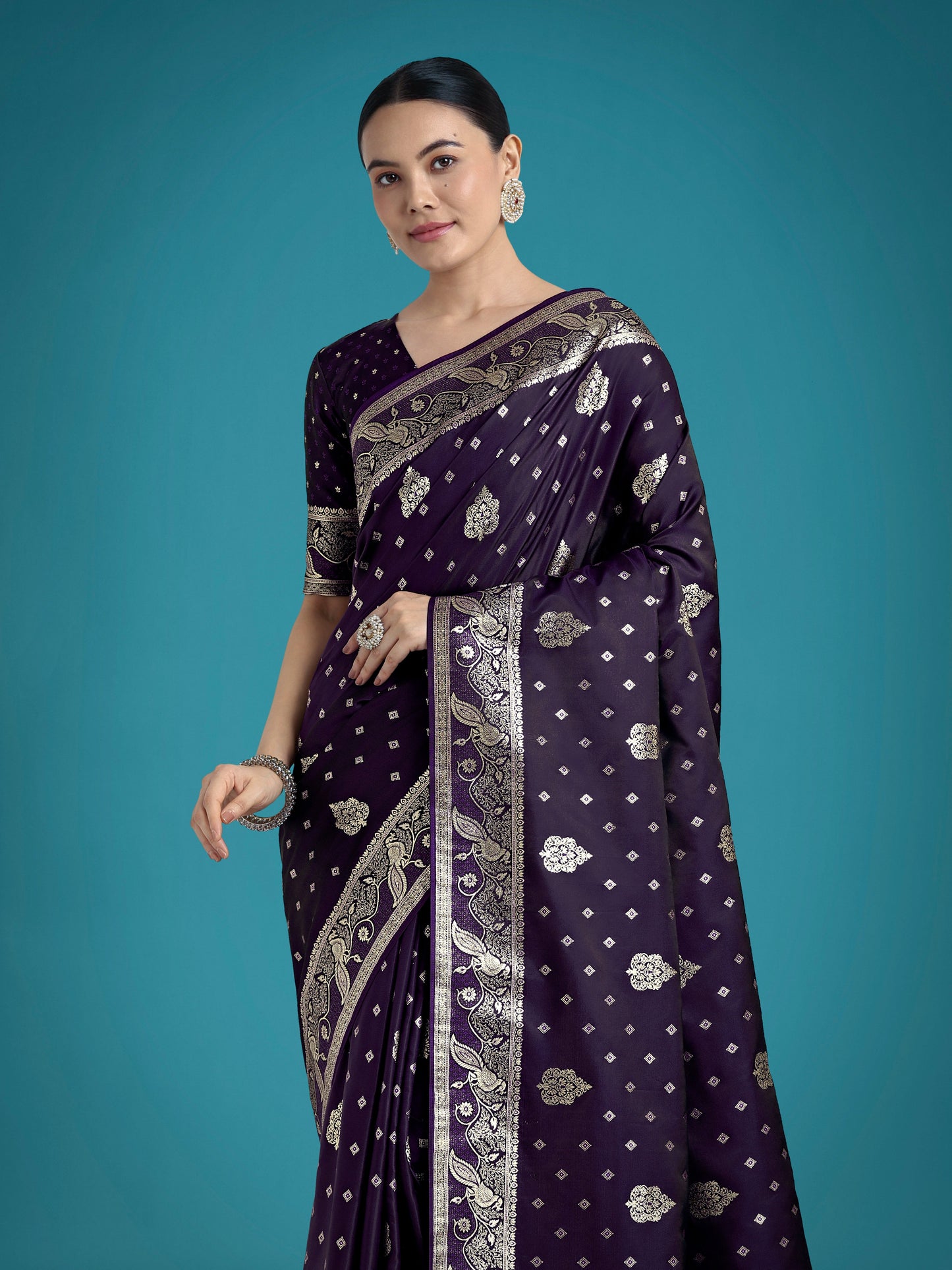 Monjolika Fashion Traditional Purple Woven Banarasi Satin Silk Saree | Swadesiicart