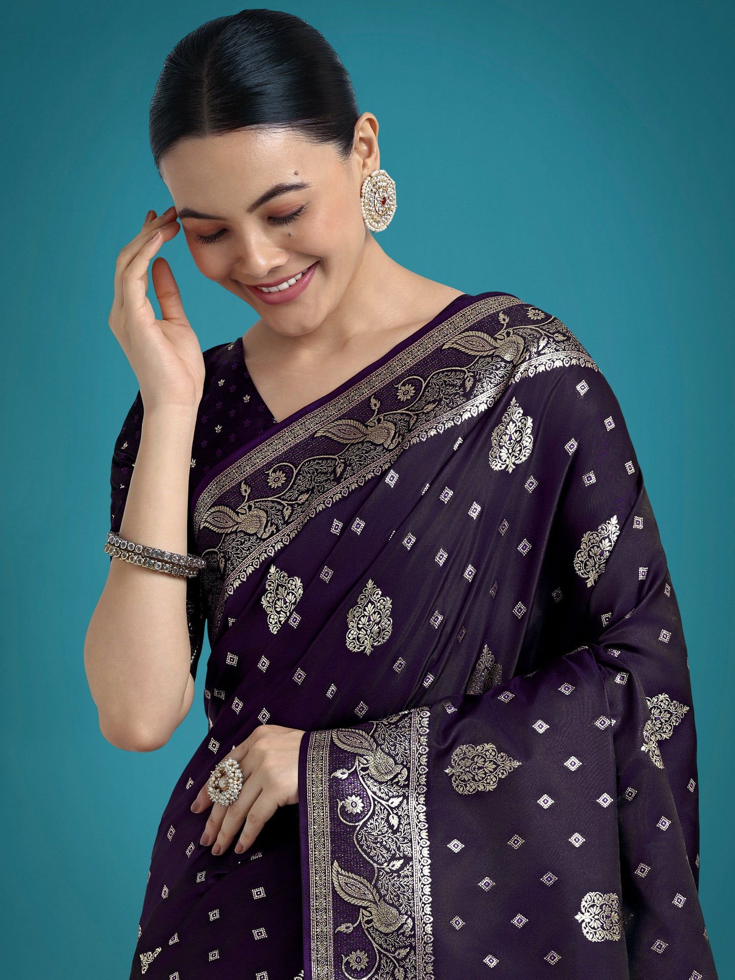 Monjolika Fashion Traditional Purple Woven Banarasi Satin Silk Saree | Swadesiicart
