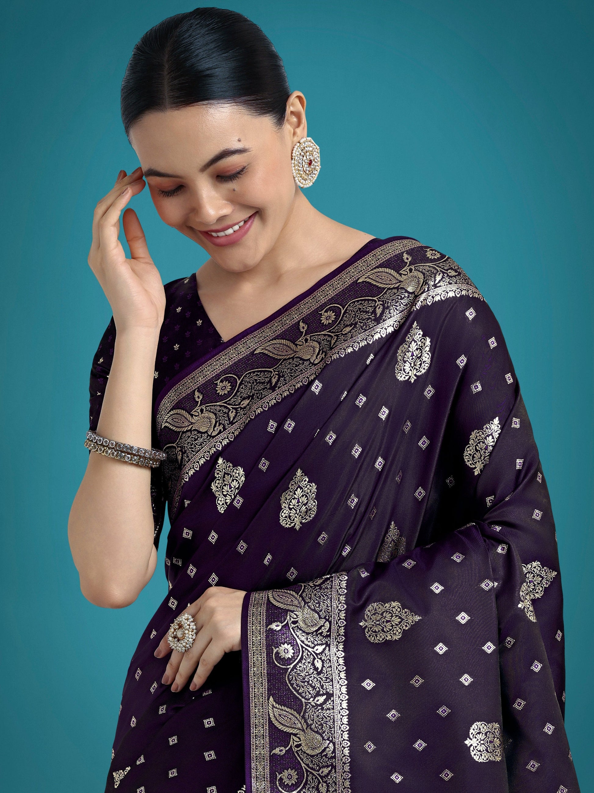 Monjolika Fashion Traditional Purple Woven Banarasi Satin Silk Saree | Swadesiicart