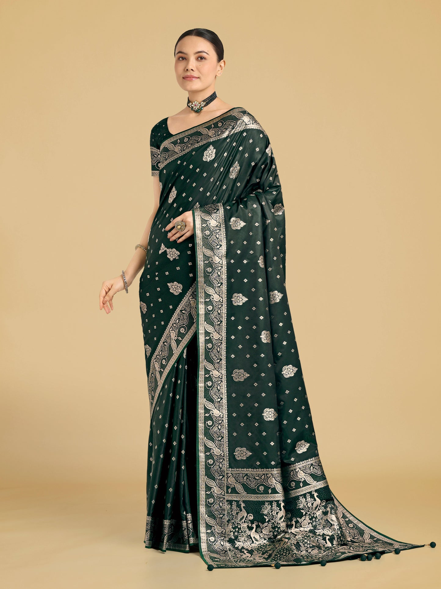 Monjolika Fashion Traditional Dark Geen Woven Banarasi Satin Silk Saree | Swadesiicart