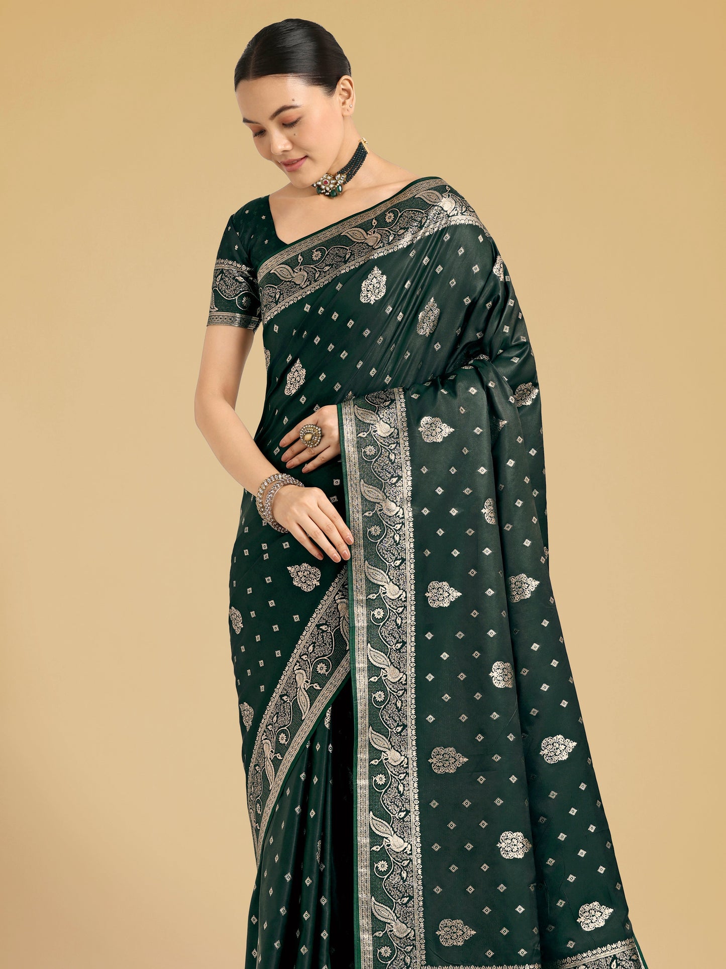 Monjolika Fashion Traditional Dark Geen Woven Banarasi Satin Silk Saree | Swadesiicart