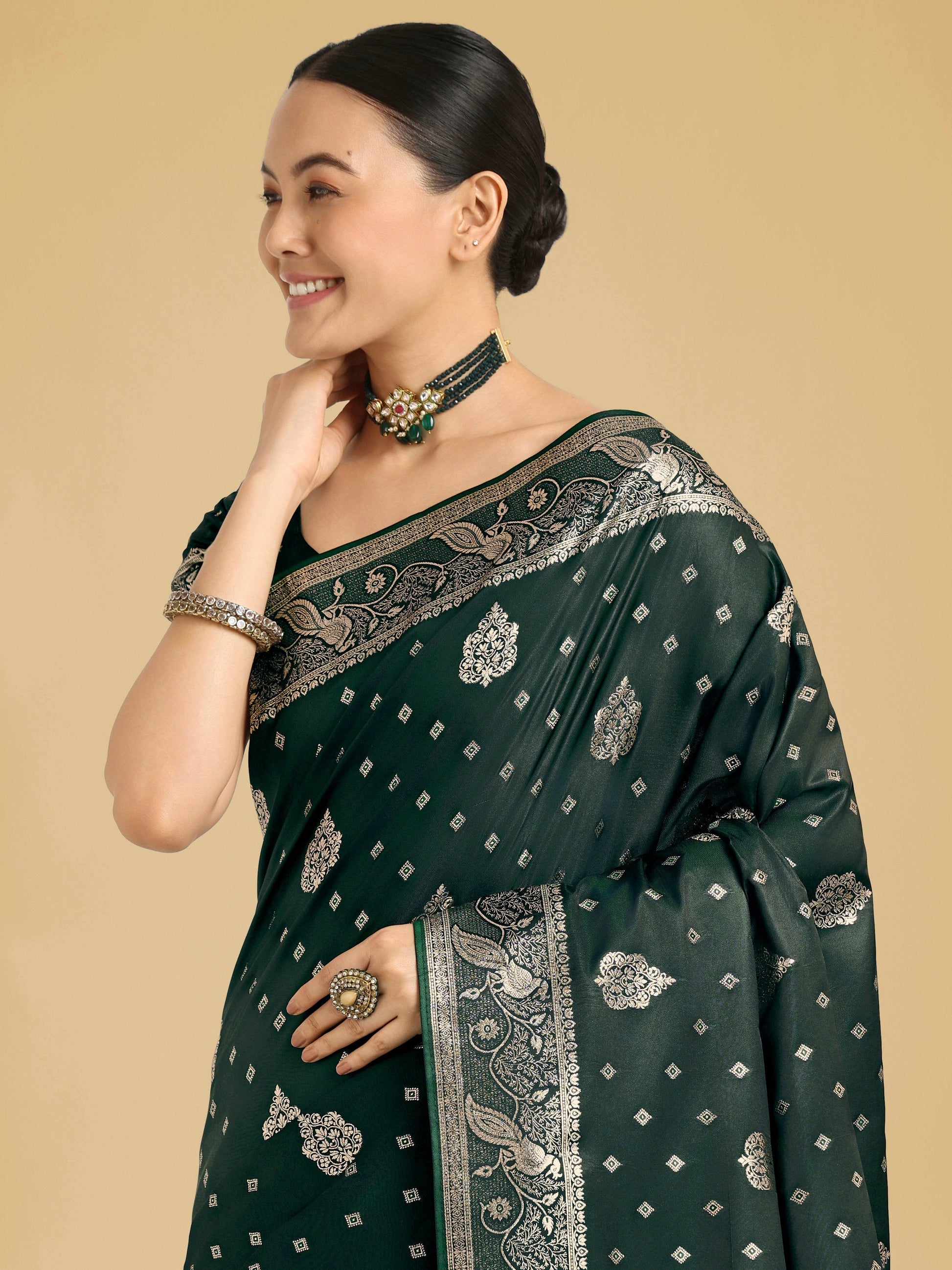 Monjolika Fashion Traditional Dark Geen Woven Banarasi Satin Silk Saree | Swadesiicart