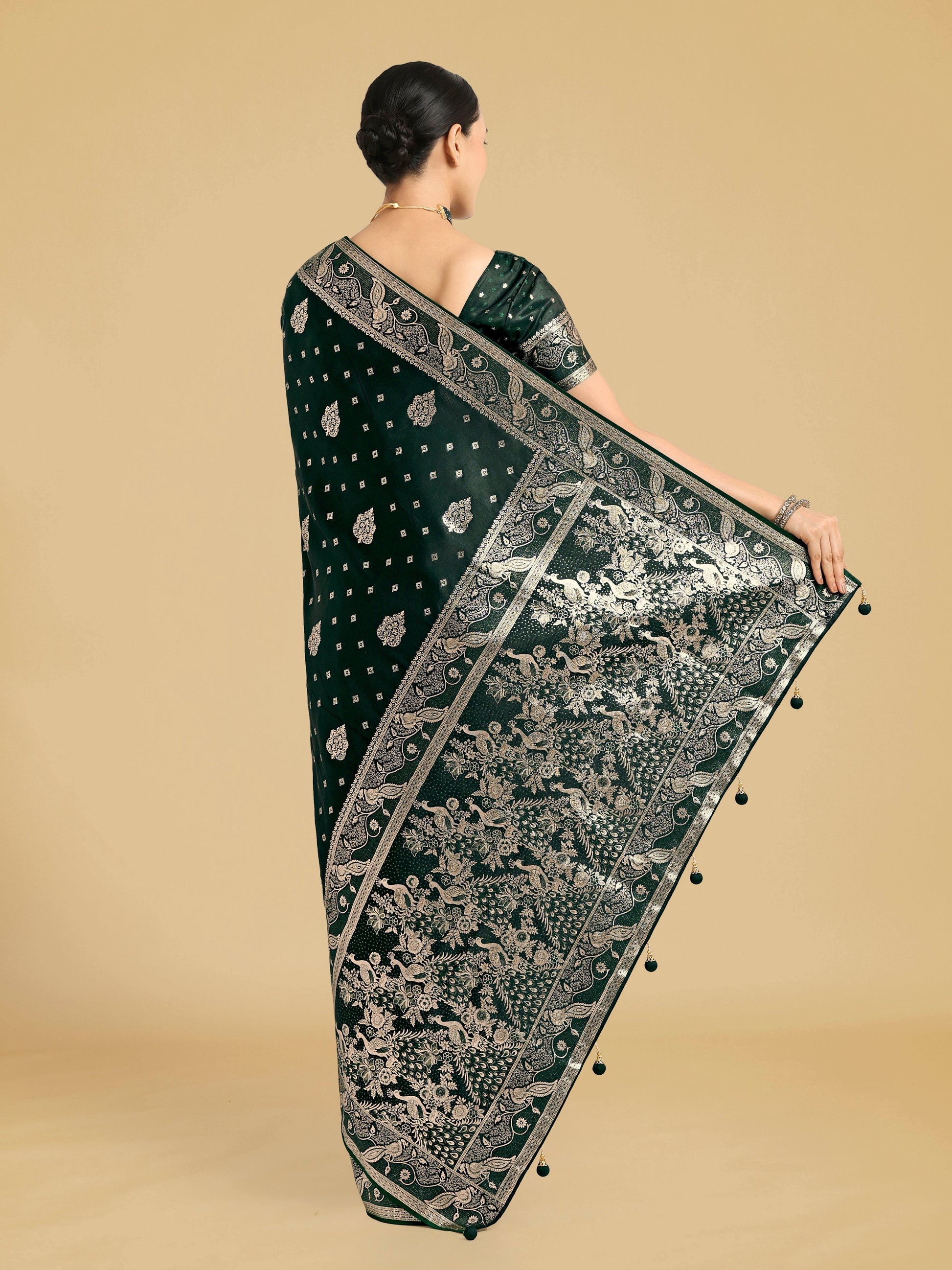 Monjolika Fashion Traditional Dark Geen Woven Banarasi Satin Silk Saree | Swadesiicart
