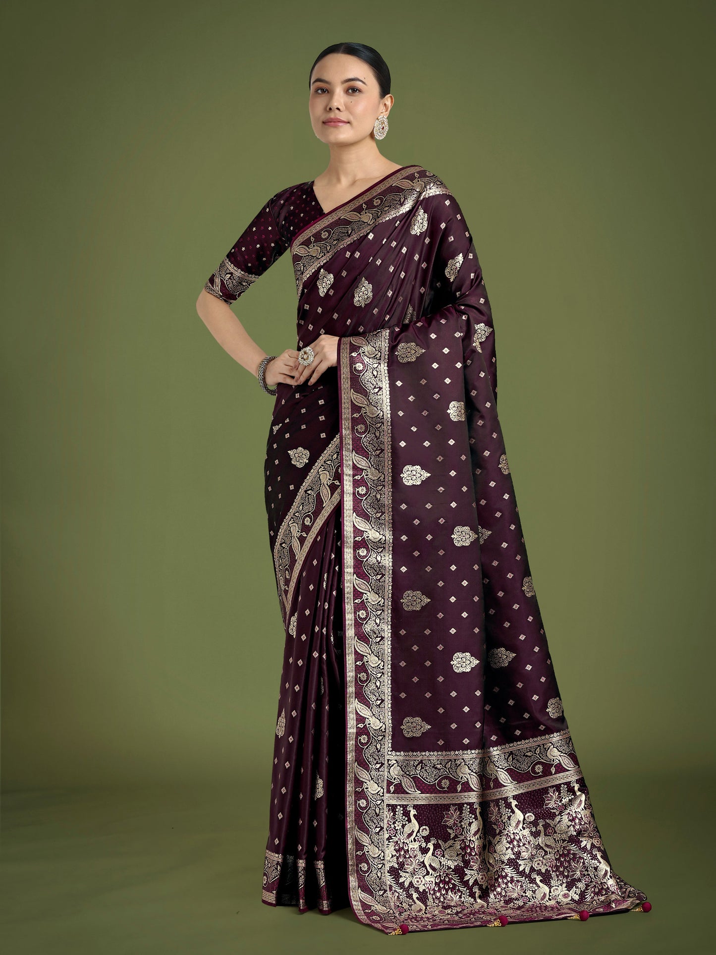 Monjolika Fashion Traditional Wine Woven Banarasi Satin Silk Saree | Swadesiicart