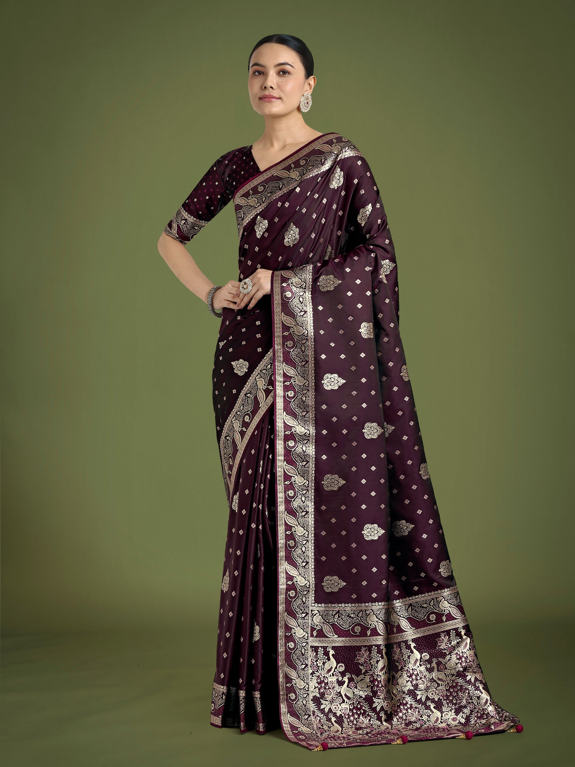 Monjolika Fashion Traditional Wine Woven Banarasi Satin Silk Saree | Swadesiicart