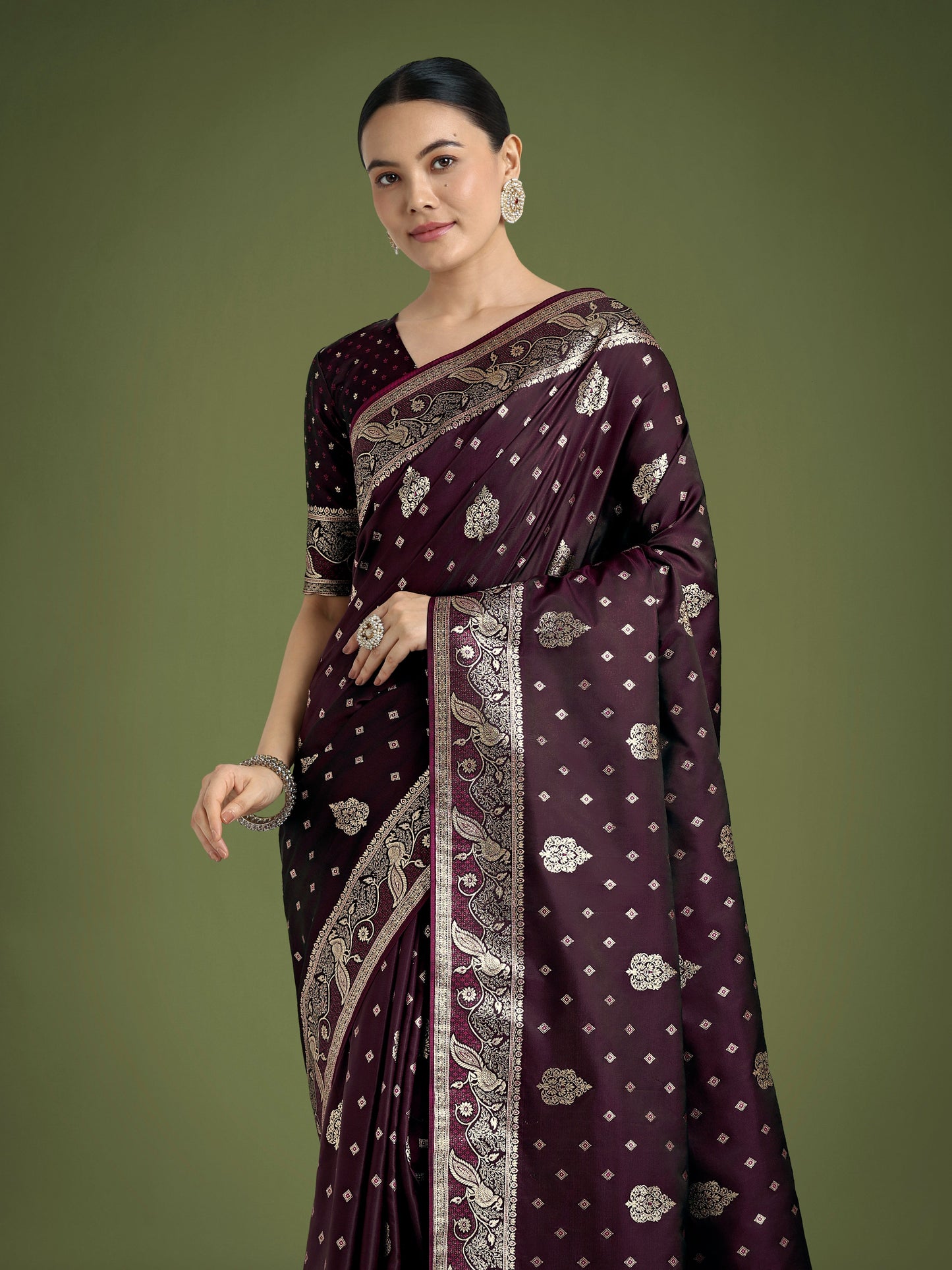 Monjolika Fashion Traditional Wine Woven Banarasi Satin Silk Saree | Swadesiicart