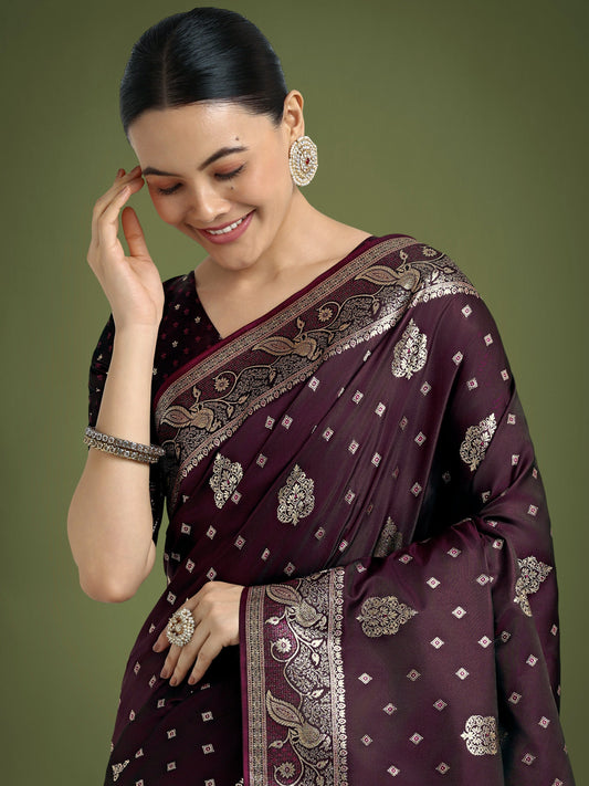 Monjolika Fashion Traditional Wine Woven Banarasi Satin Silk Saree | Swadesiicart