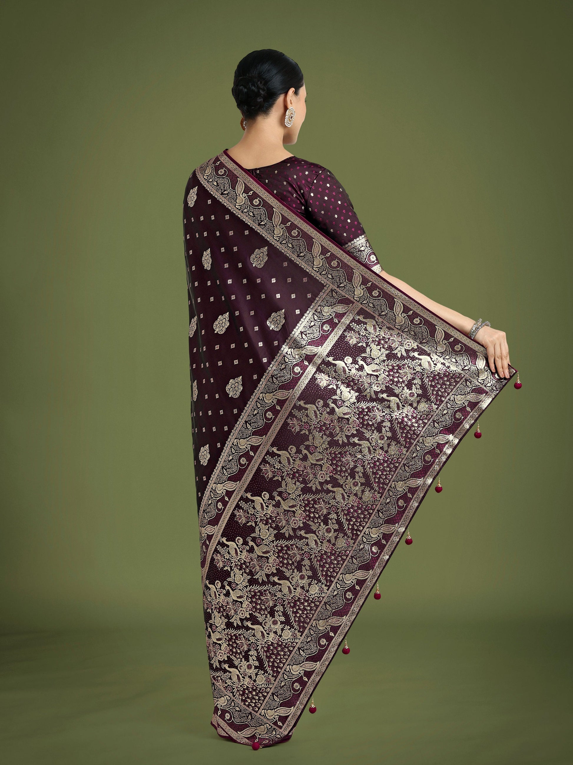 Monjolika Fashion Traditional Wine Woven Banarasi Satin Silk Saree | Swadesiicart