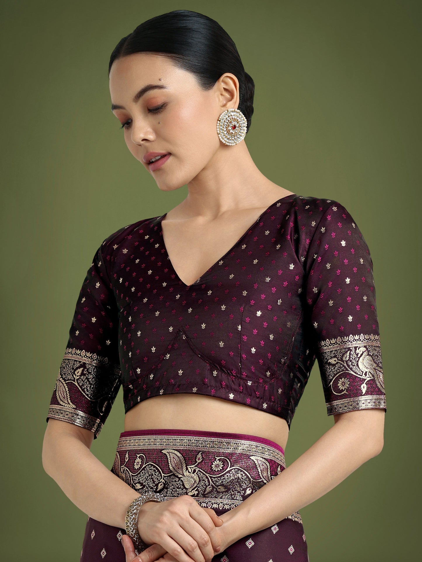 Monjolika Fashion Traditional Wine Woven Banarasi Satin Silk Saree | Swadesiicart