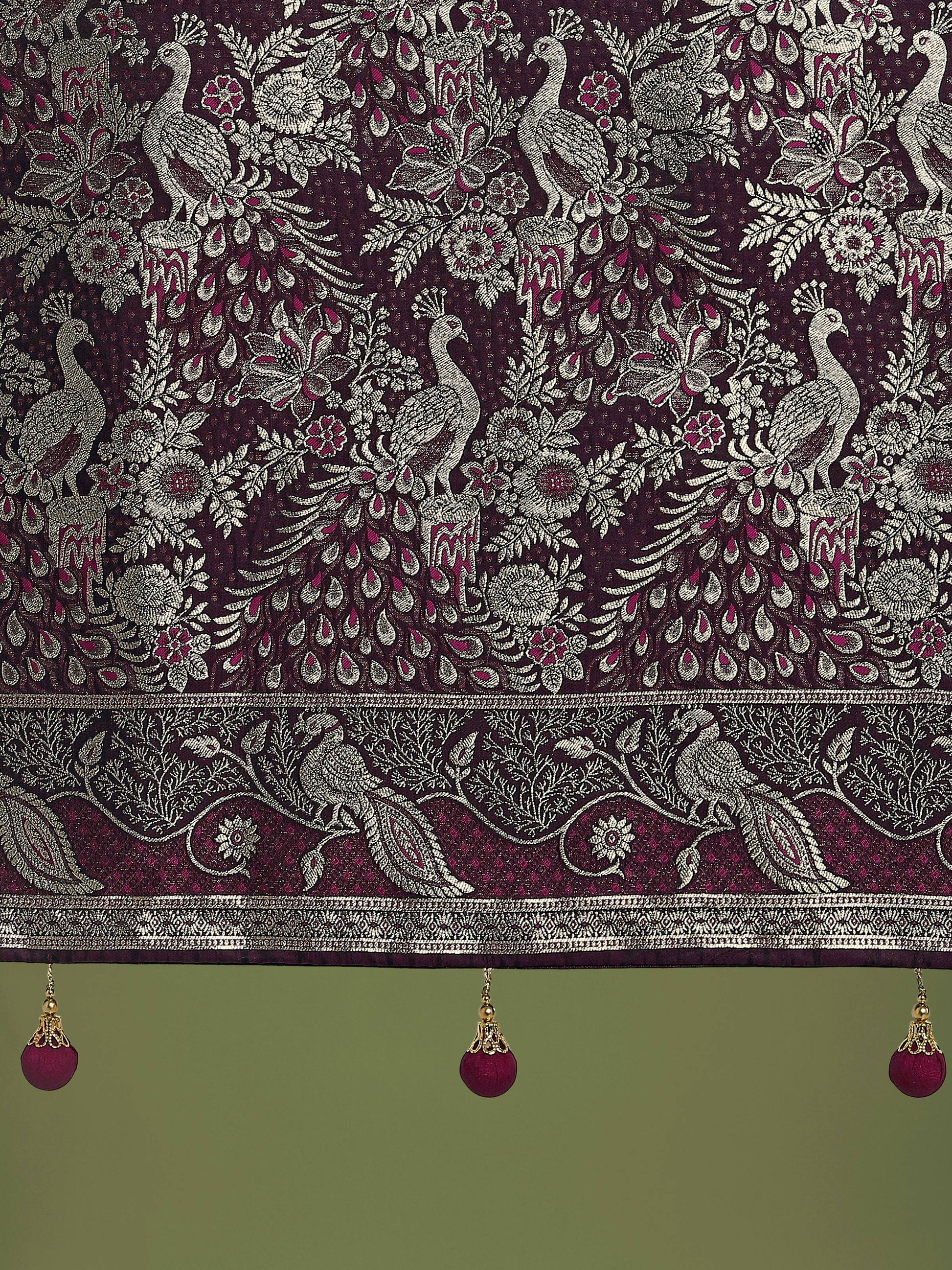 Monjolika Fashion Traditional Wine Woven Banarasi Satin Silk Saree | Swadesiicart