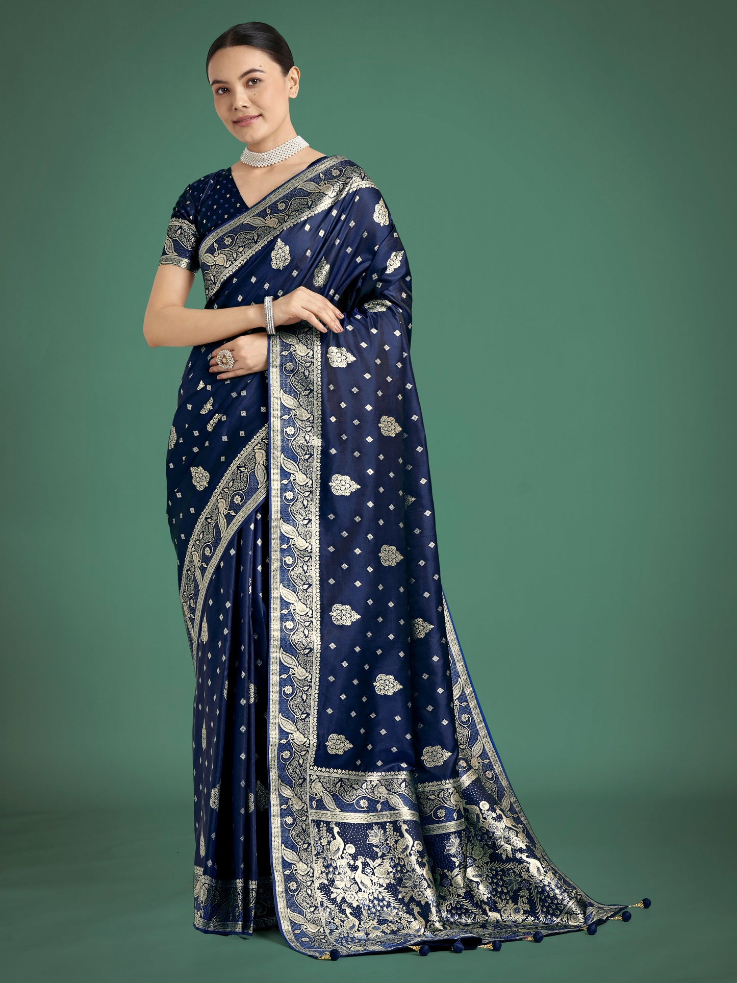 Monjolika Fashion Traditional Blue Woven Banarasi Satin Silk Saree | Swadesiicart