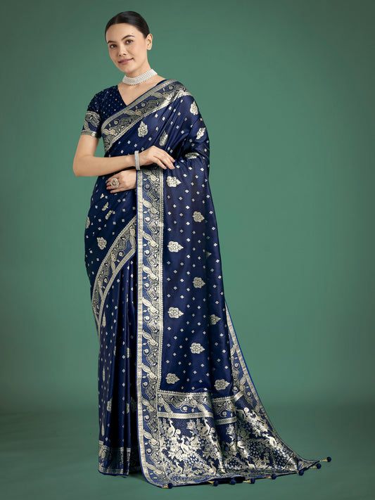 Monjolika Fashion Traditional Blue Woven Banarasi Satin Silk Saree | Swadesiicart