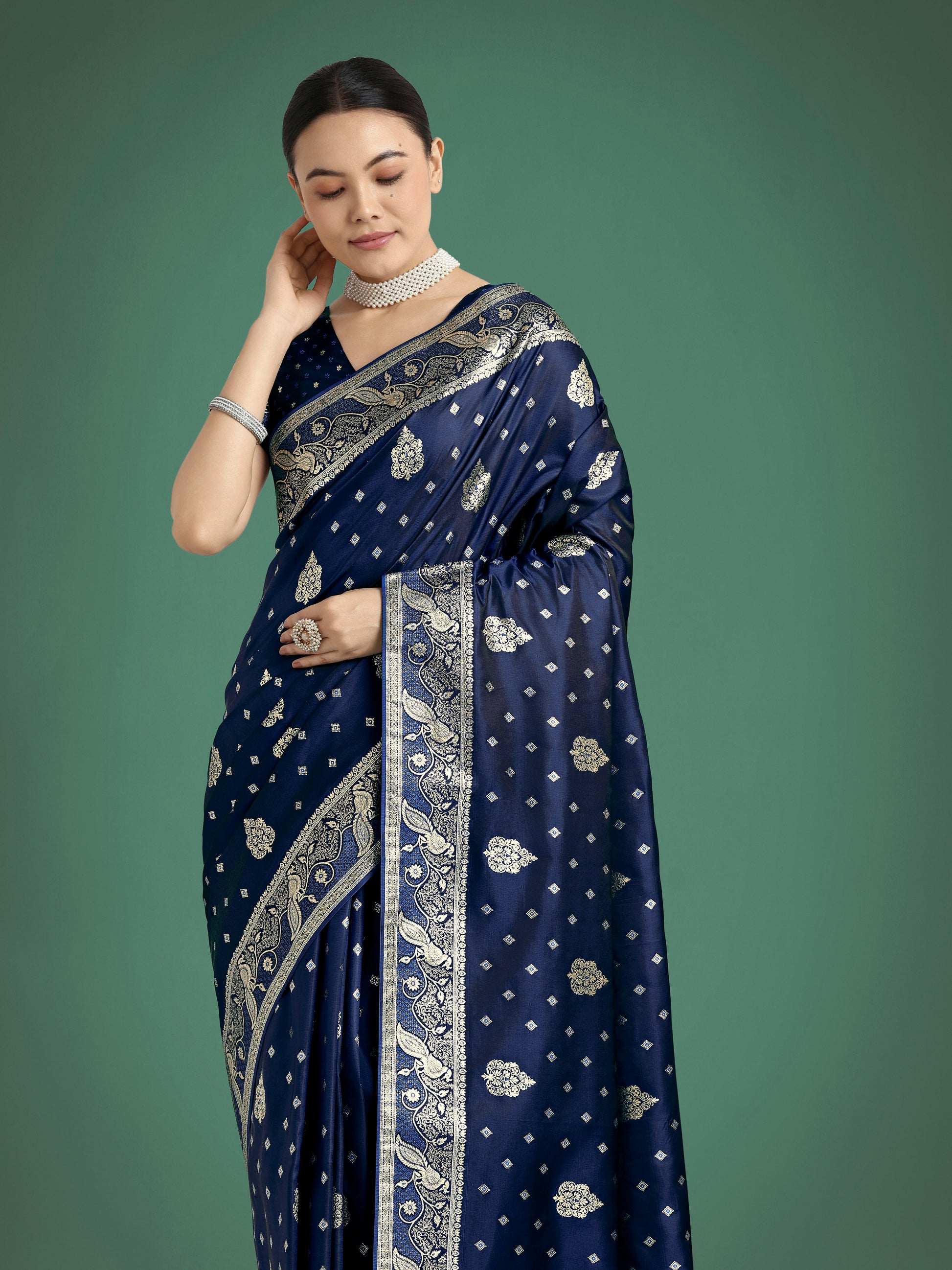 Monjolika Fashion Traditional Blue Woven Banarasi Satin Silk Saree | Swadesiicart