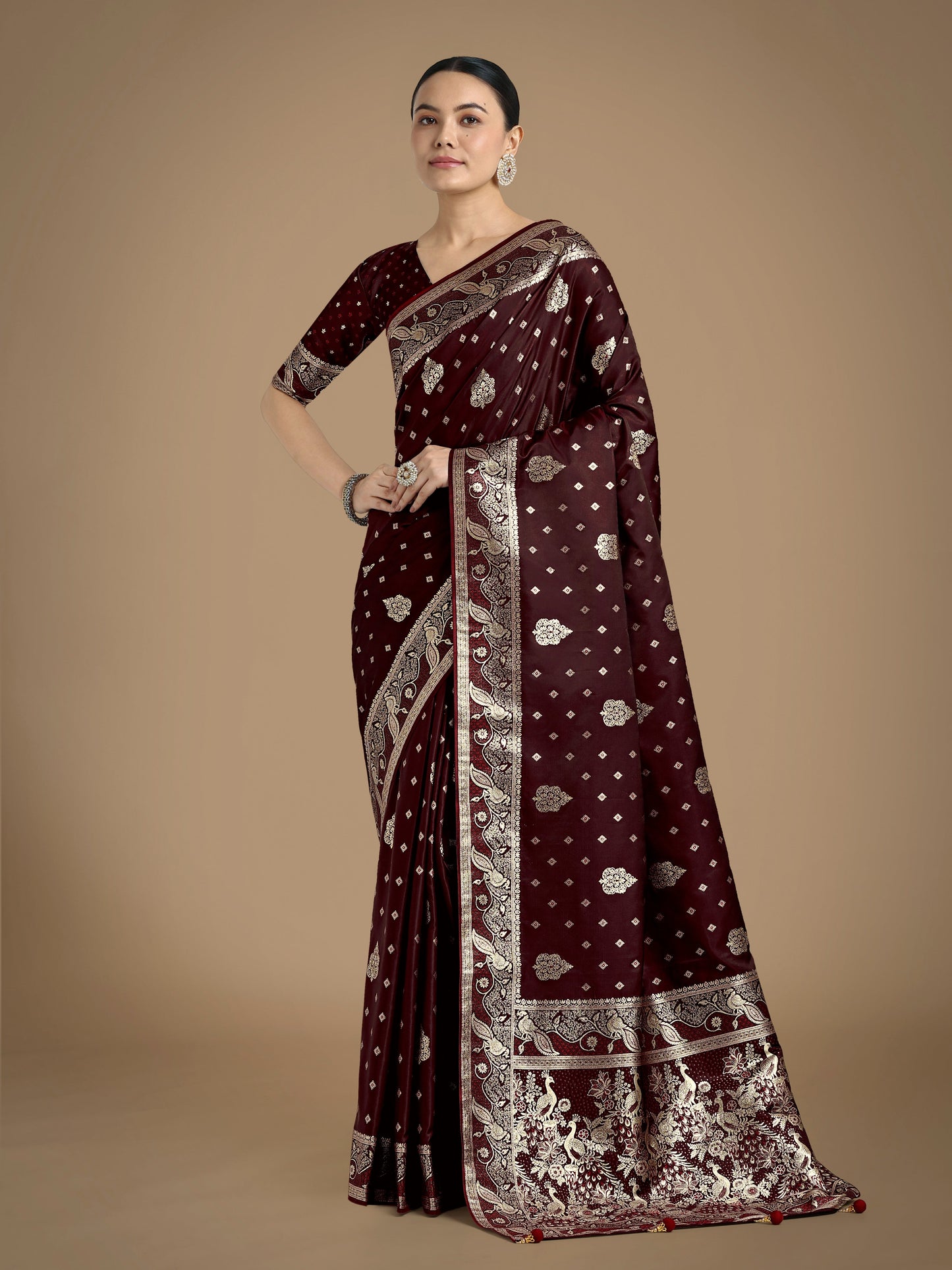 Monjolika Fashion Traditional Maroon Woven Banarasi Satin Silk Saree | Swadesiicart