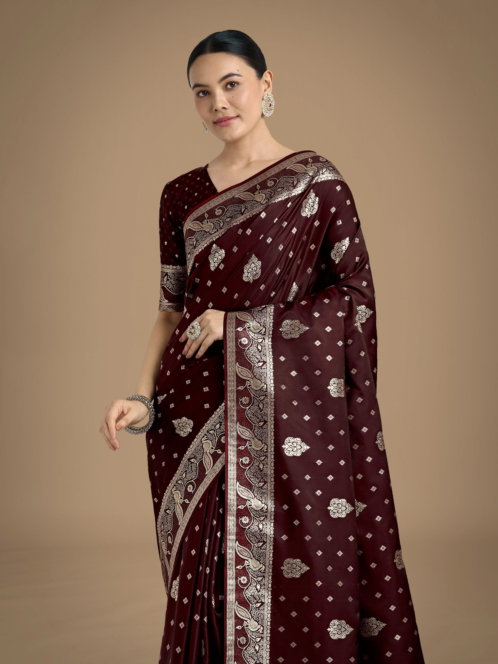 Monjolika Fashion Traditional Maroon Woven Banarasi Satin Silk Saree | Swadesiicart