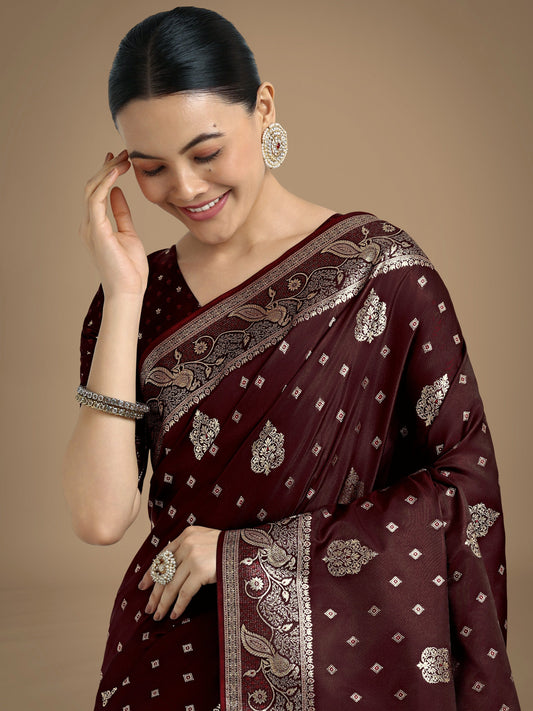 Monjolika Fashion Traditional Maroon Woven Banarasi Satin Silk Saree | Swadesiicart