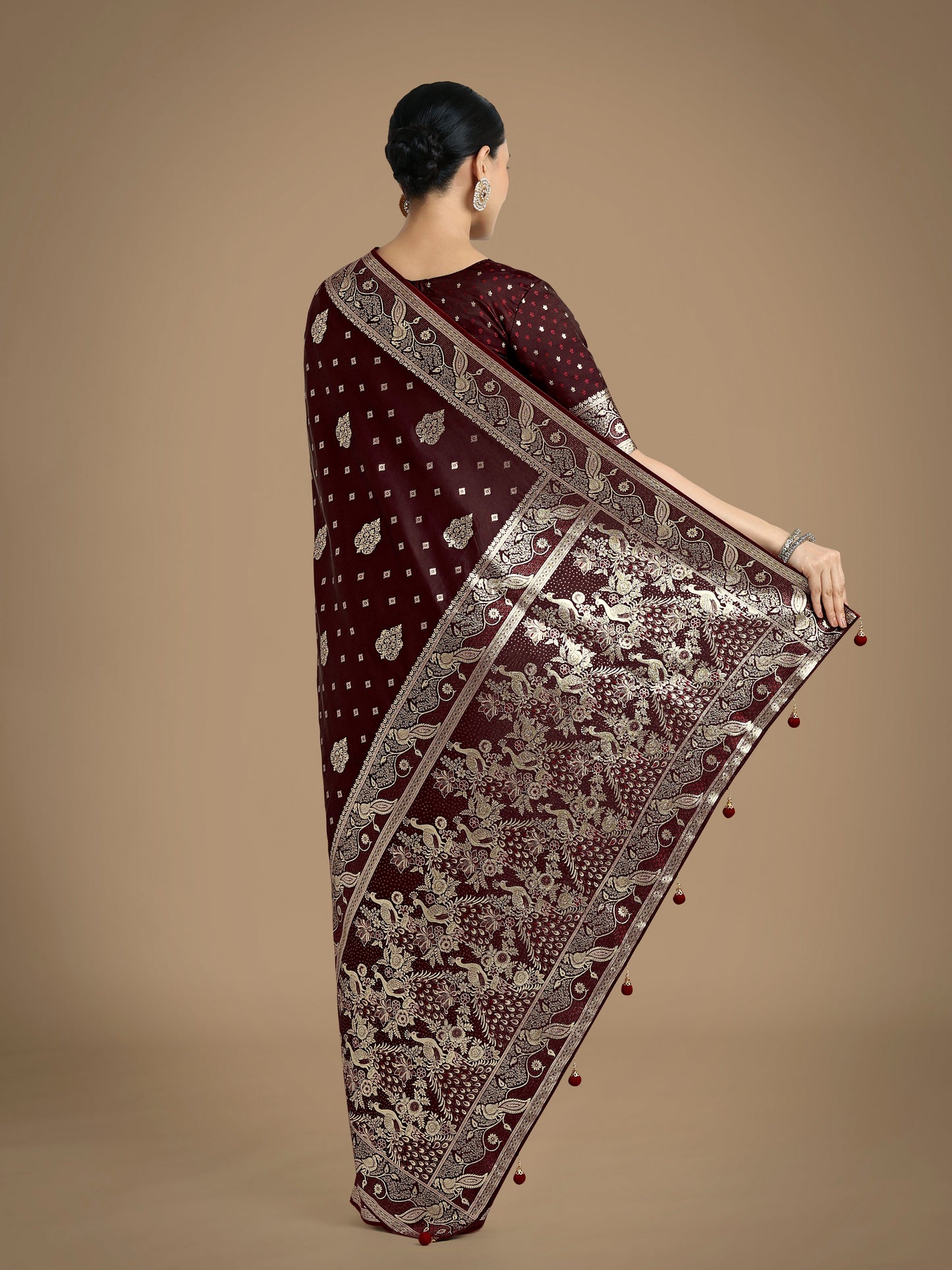 Monjolika Fashion Traditional Maroon Woven Banarasi Satin Silk Saree | Swadesiicart