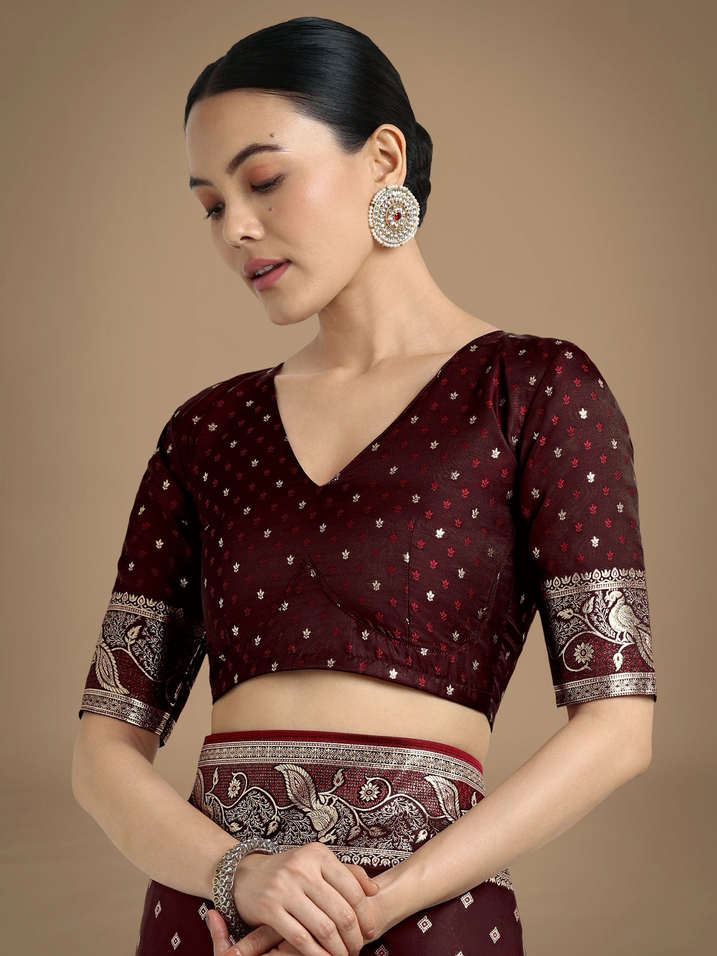 Monjolika Fashion Traditional Maroon Woven Banarasi Satin Silk Saree | Swadesiicart