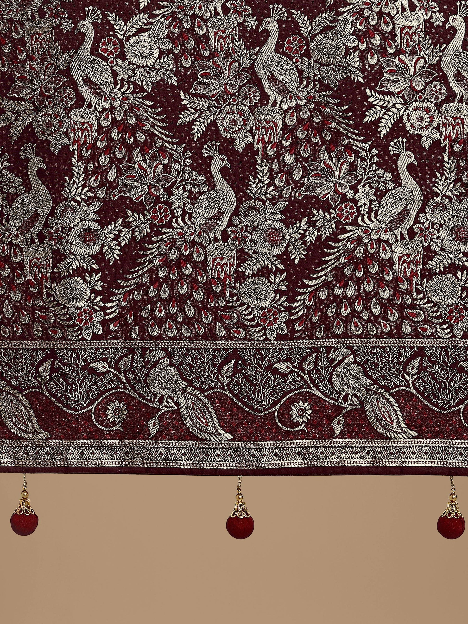 Monjolika Fashion Traditional Maroon Woven Banarasi Satin Silk Saree | Swadesiicart