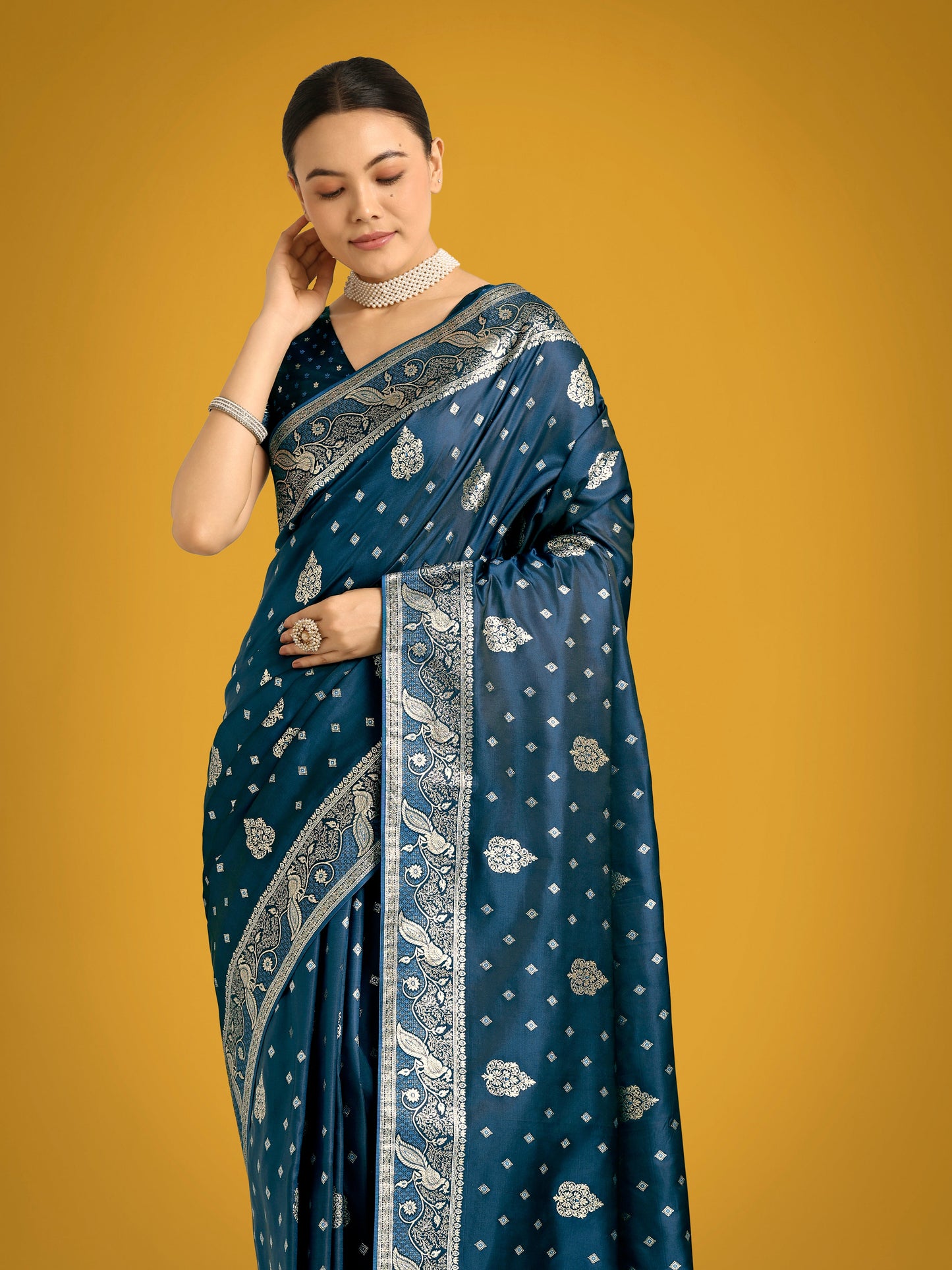 Monjolika Fashion Traditional Aqua blue Woven Banarasi Satin Silk Saree | Swadesiicart