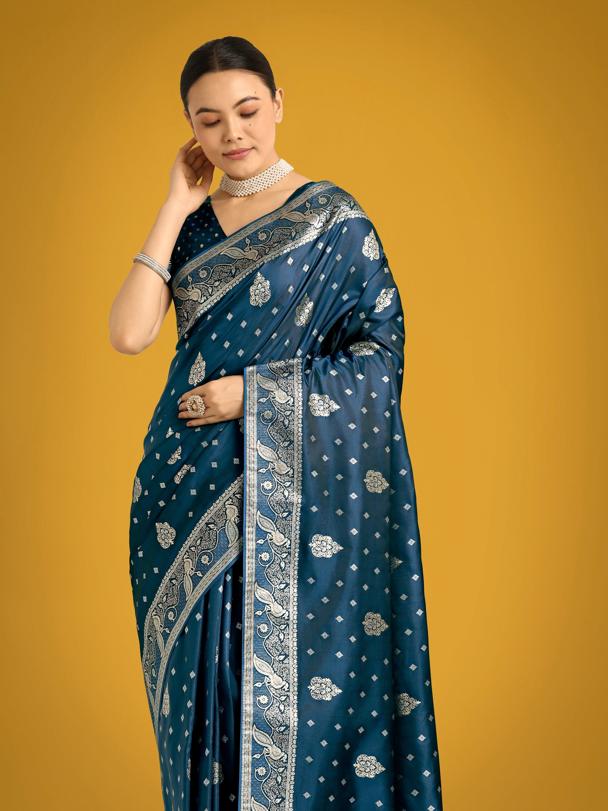 Monjolika Fashion Traditional Aqua blue Woven Banarasi Satin Silk Saree | Swadesiicart