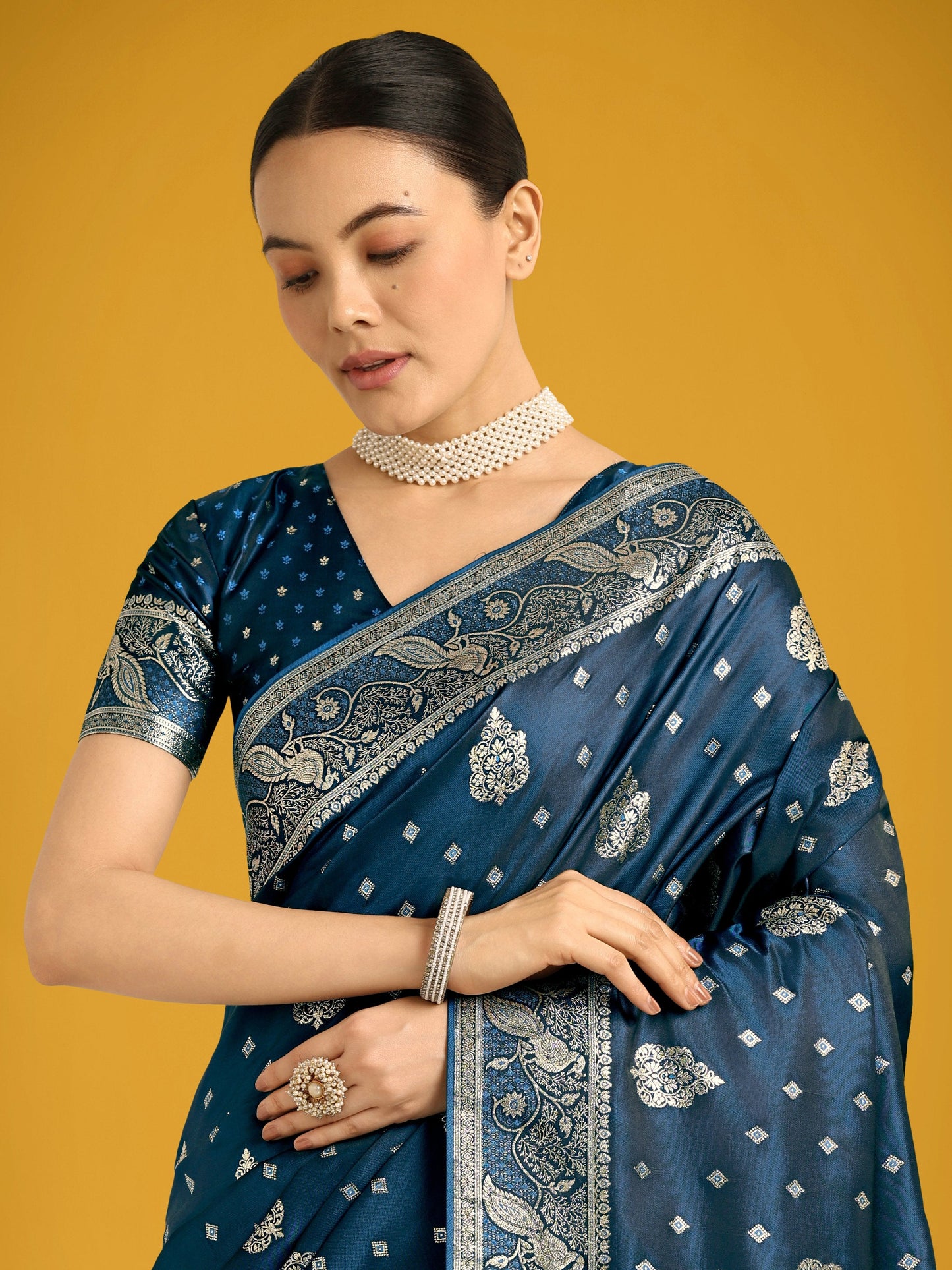 Monjolika Fashion Traditional Aqua blue Woven Banarasi Satin Silk Saree | Swadesiicart