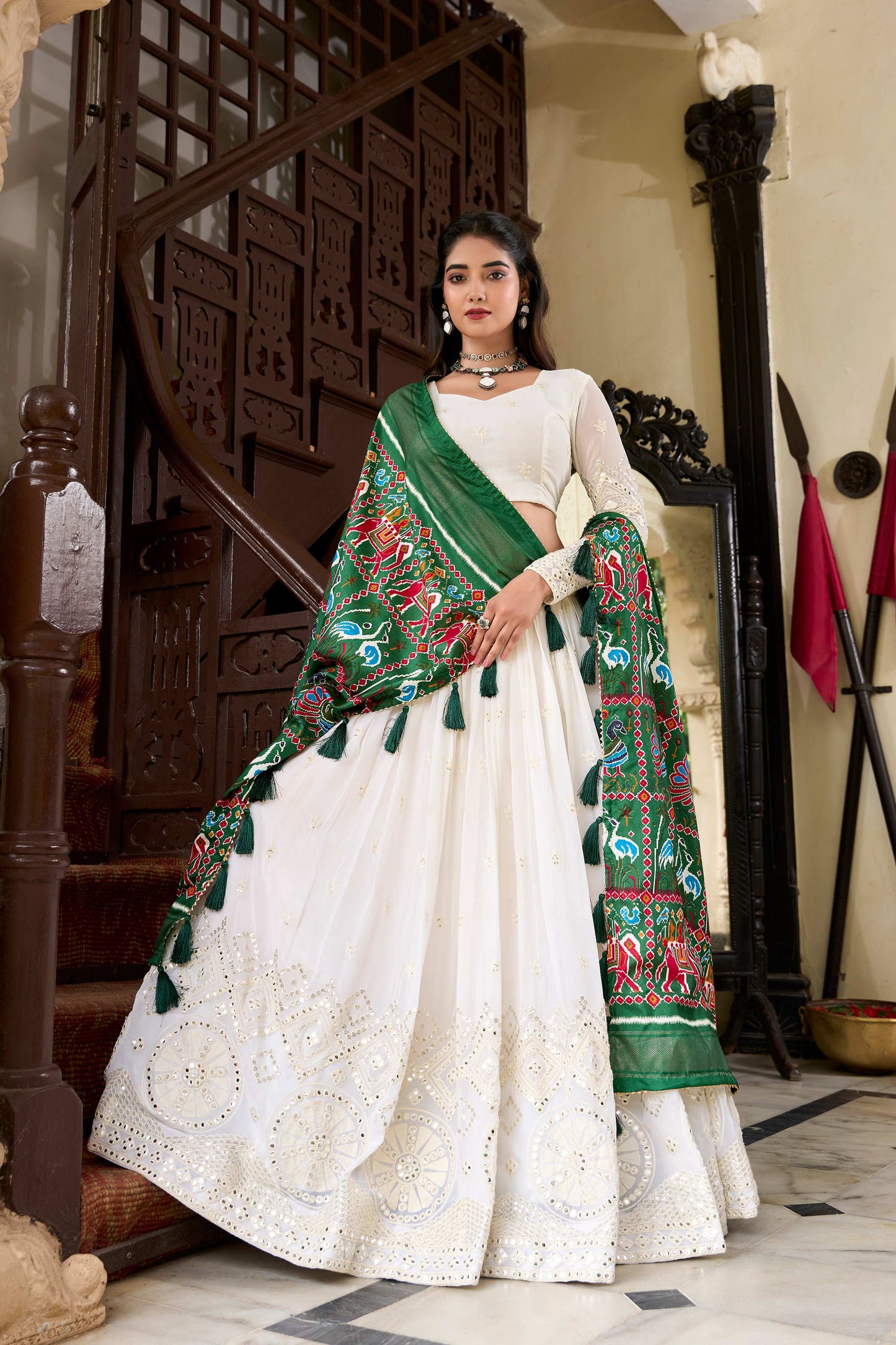 Lorenvalley Fashion White Georgette Lucknowi Paper Mirror Work Lehenga Choli with Dupatta | Swadesiicart