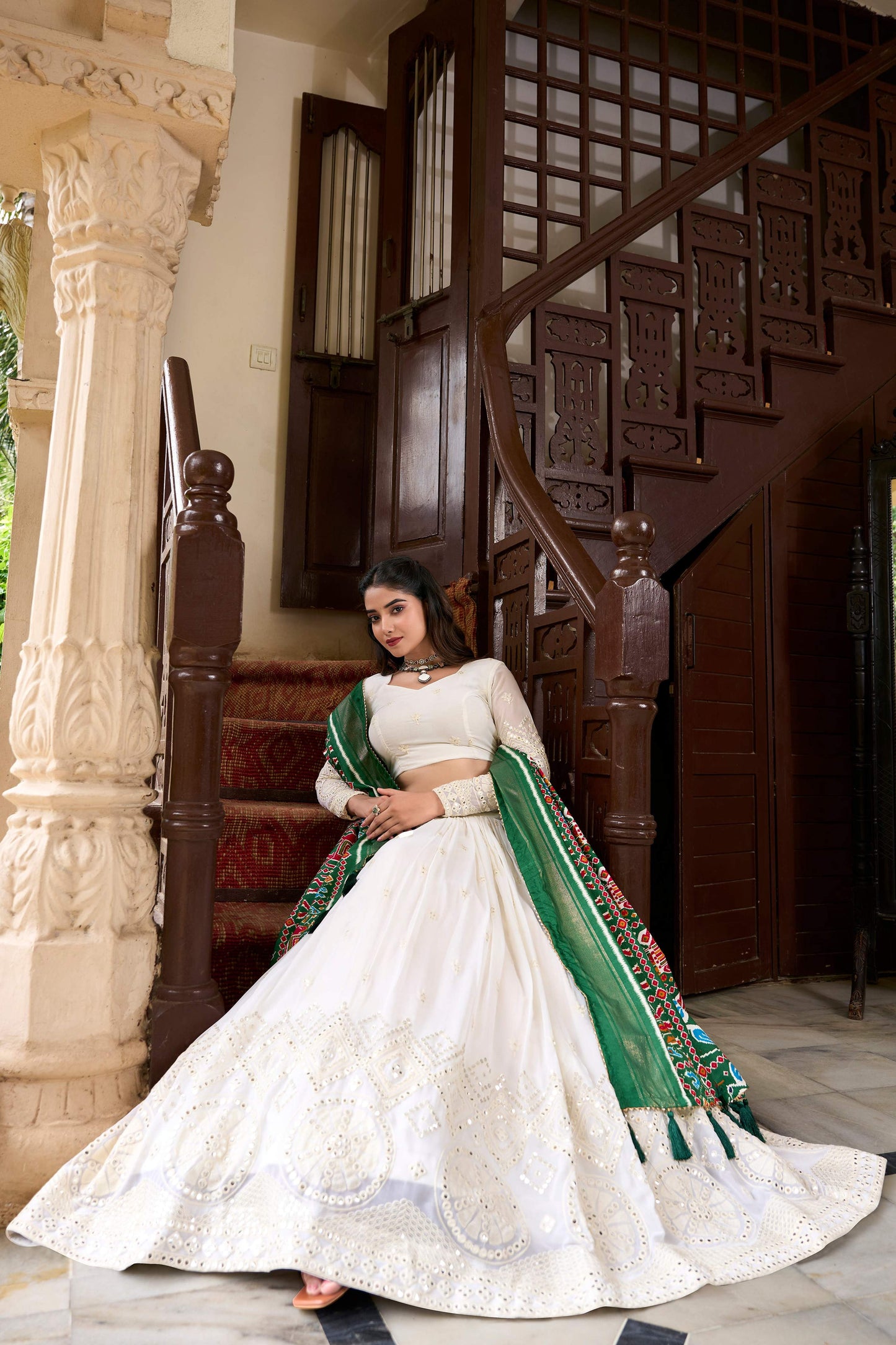 Lorenvalley Fashion White Georgette Lucknowi Paper Mirror Work Lehenga Choli with Dupatta | Swadesiicart