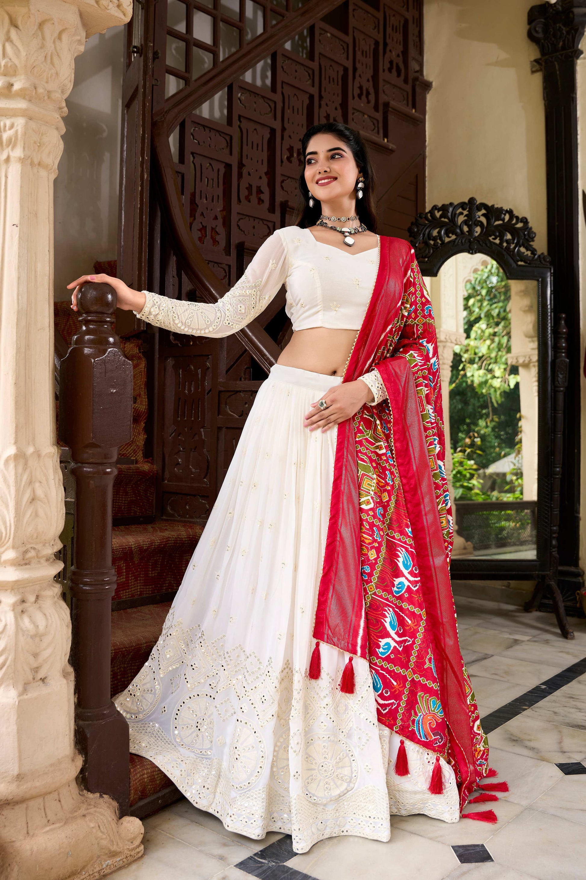 Lorenvalley Fashion White Georgette Lucknowi Paper Mirror Work Lehenga Choli with Dupatta | Swadesiicart