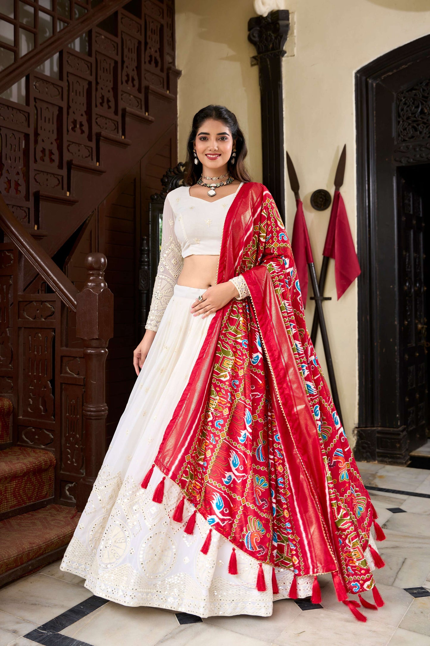 Lorenvalley Fashion White Georgette Lucknowi Paper Mirror Work Lehenga Choli with Dupatta | Swadesiicart