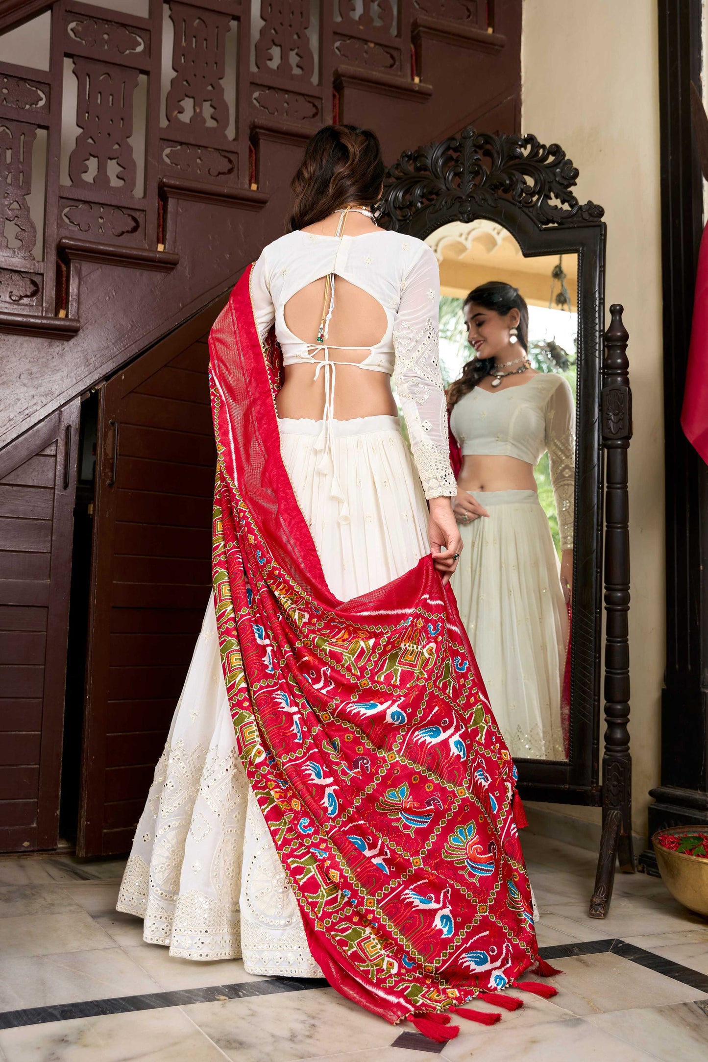 Lorenvalley Fashion White Georgette Lucknowi Paper Mirror Work Lehenga Choli with Dupatta | Swadesiicart
