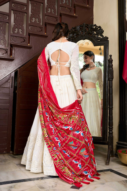 Lorenvalley Fashion White Georgette Lucknowi Paper Mirror Work Lehenga Choli with Dupatta | Swadesiicart