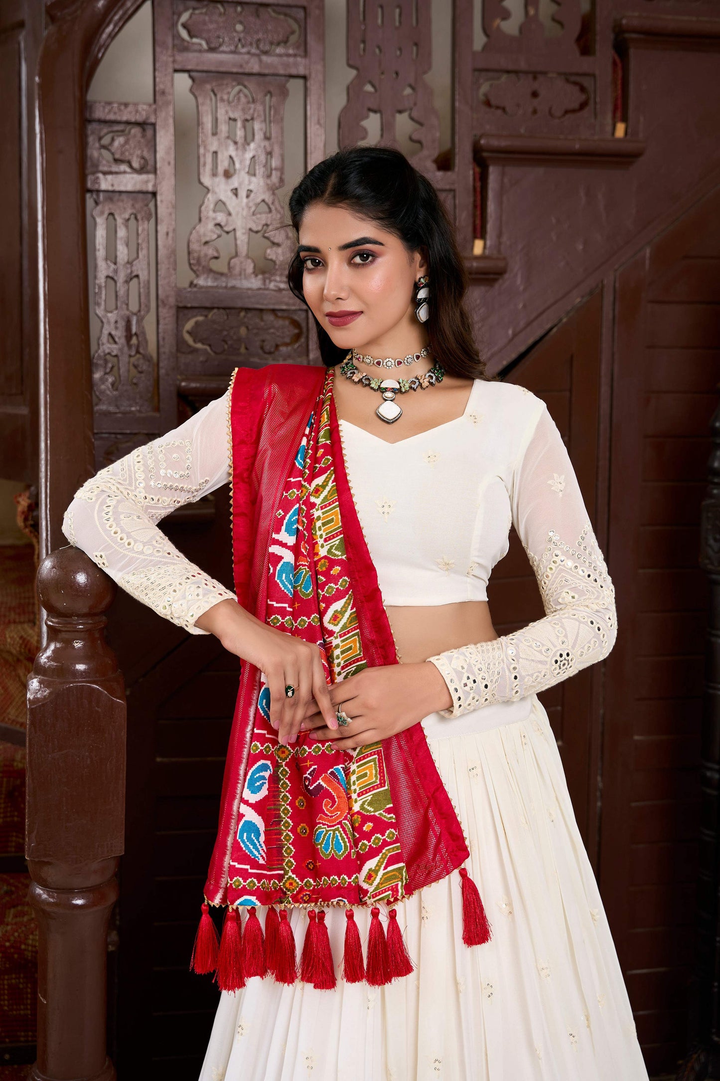 Lorenvalley Fashion White Georgette Lucknowi Paper Mirror Work Lehenga Choli with Dupatta | Swadesiicart