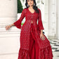 Anaita Red Georgette Stitched Shrug Suit With Sequence Thread Work