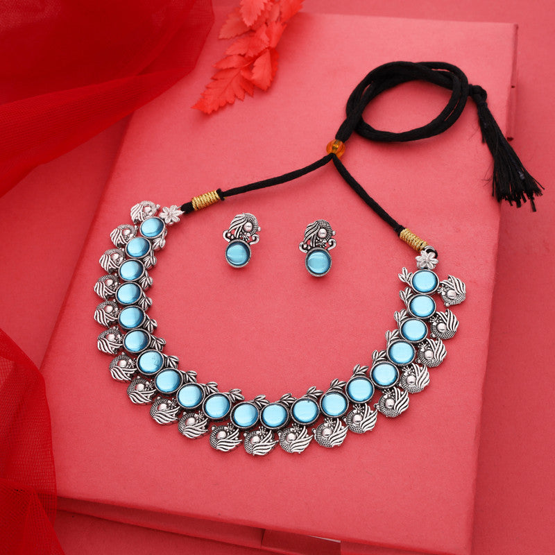 Tehzeeb Creations Silver Plated Sky Blue Colour Stone Jewellery Choker Necklace Set With Matching Pair of Stud Earrings - Swadesiicart