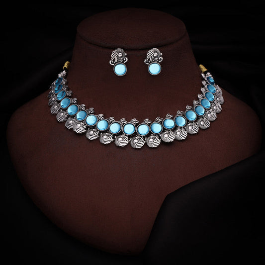 Tehzeeb Creations Silver Plated Sky Blue Colour Stone Jewellery Choker Necklace Set With Matching Pair of Stud Earrings - Swadesiicart