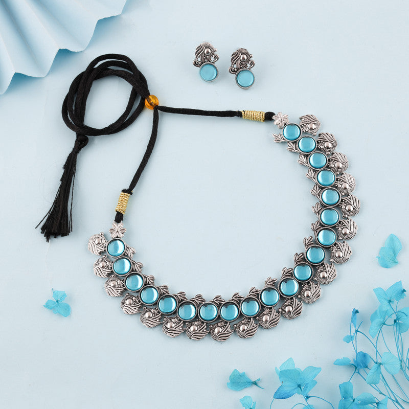 Tehzeeb Creations Silver Plated Sky Blue Colour Stone Jewellery Choker Necklace Set With Matching Pair of Stud Earrings - Swadesiicart