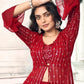 Anaita Red Georgette Stitched Shrug Suit With Sequence Thread Work
