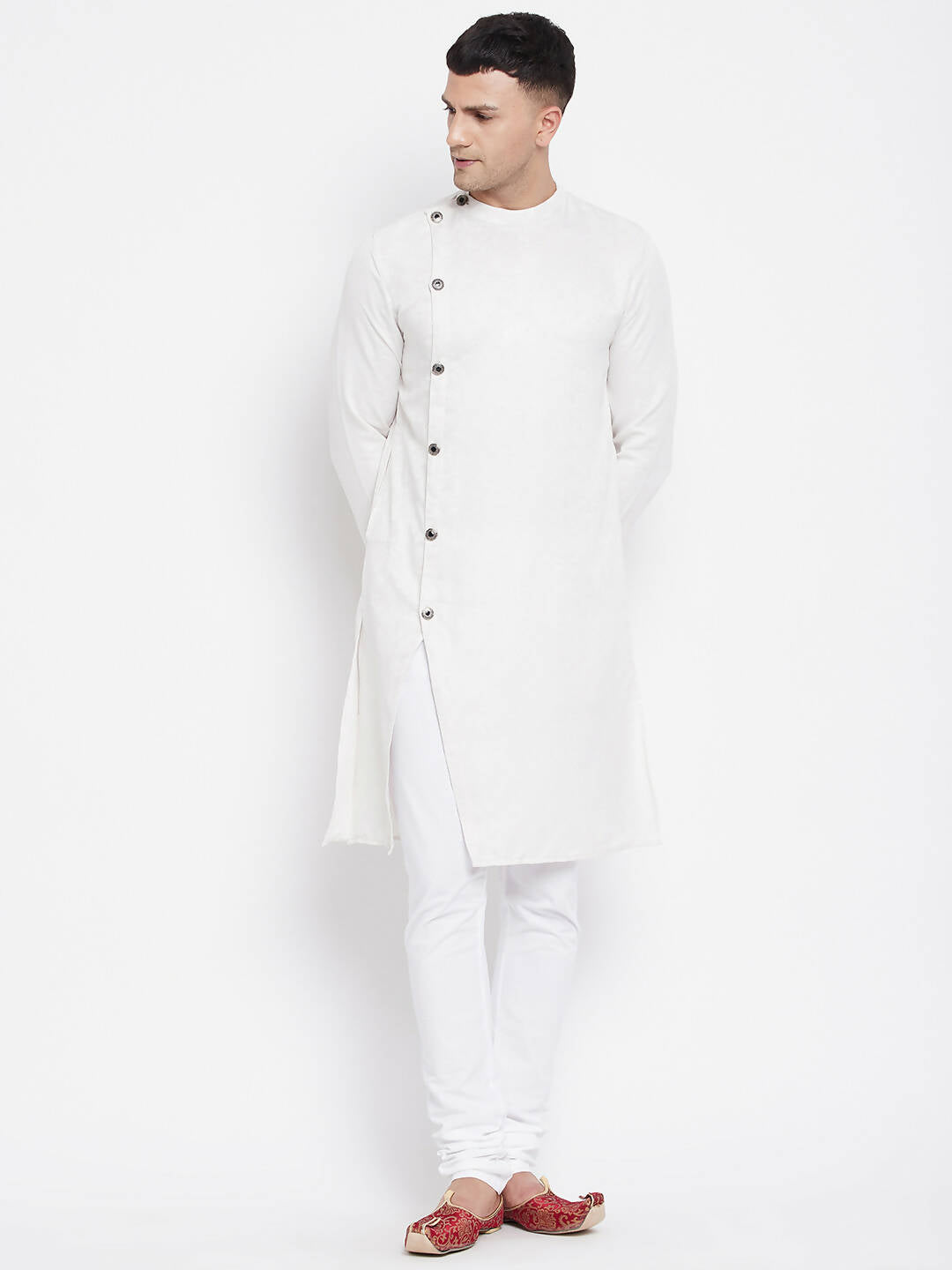 Even Apparels White Rayon Men's Sherwani Kurta With Asymetrical Cut | Swadesiicart
