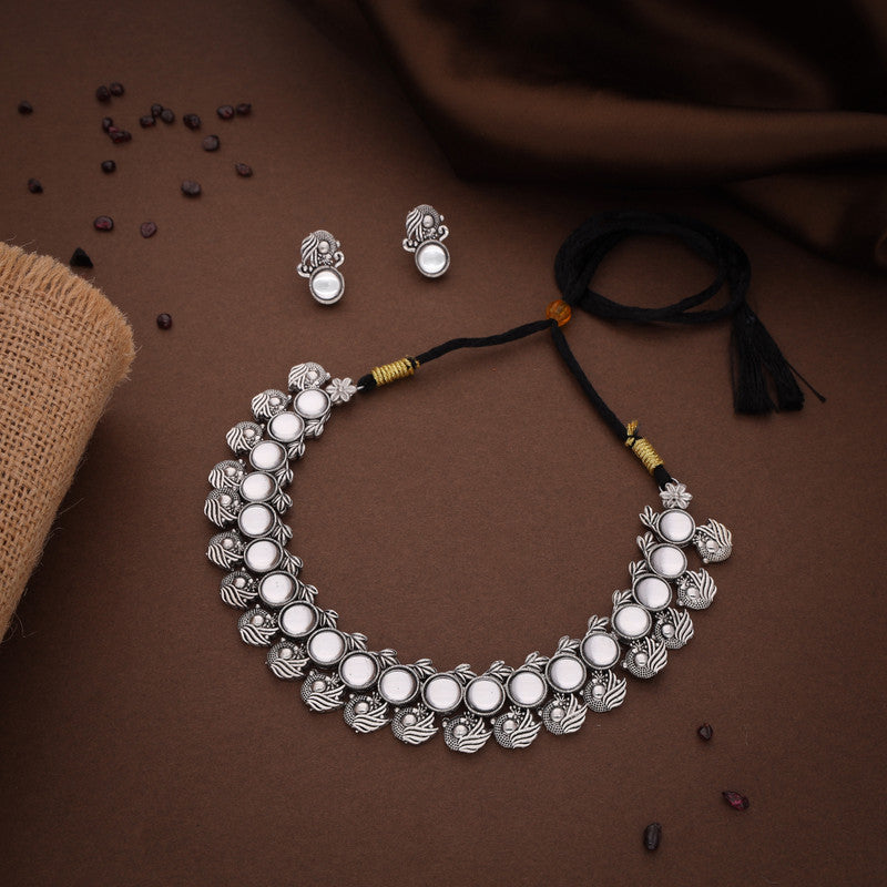 Tehzeeb Creations Silver Plated White Colour Stone Jewellery Choker Necklace Set With Matching Pair of Stud Earrings - Swadesiicart
