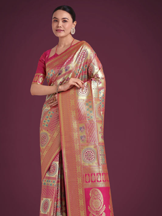 Monjolika Fashion Charming Rani Pink and Gold Soft Banarasi satin Silk Saree With Pretty Blouse Piece | Swadesiicart