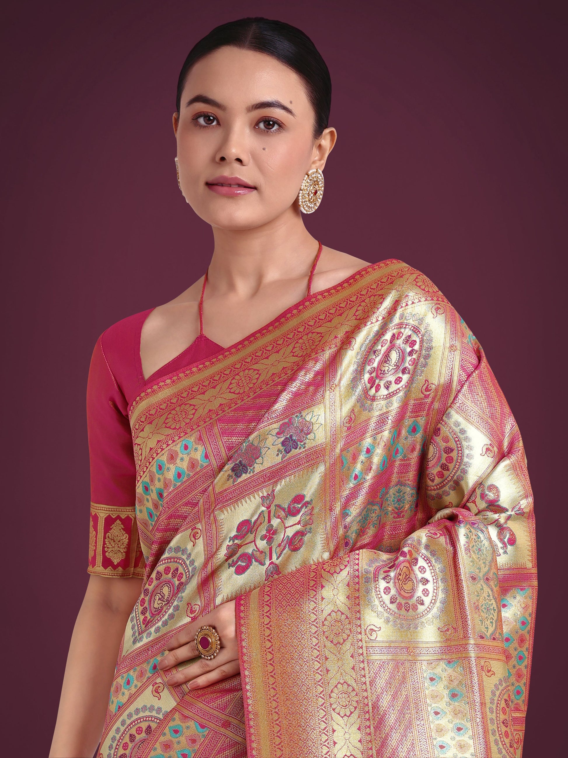 Monjolika Fashion Charming Rani Pink and Gold Soft Banarasi satin Silk Saree With Pretty Blouse Piece | Swadesiicart
