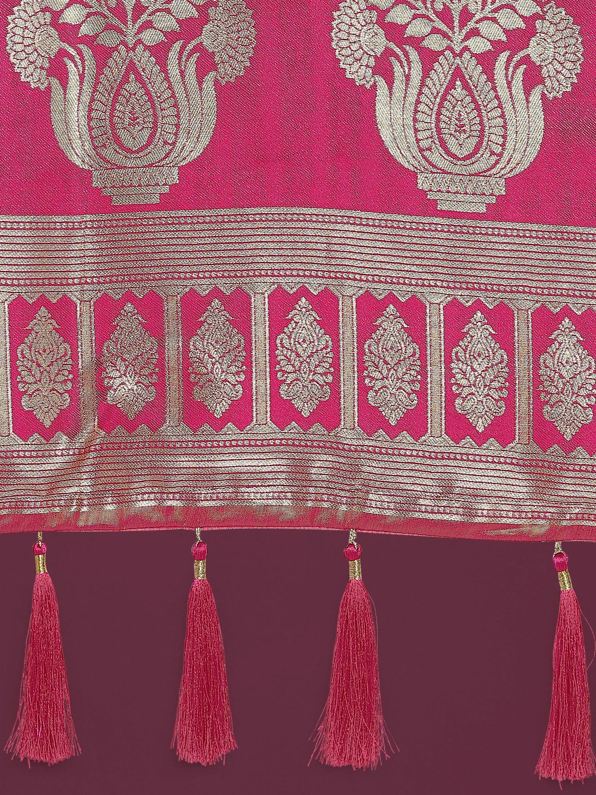 Monjolika Fashion Charming Rani Pink and Gold Soft Banarasi satin Silk Saree With Pretty Blouse Piece | Swadesiicart