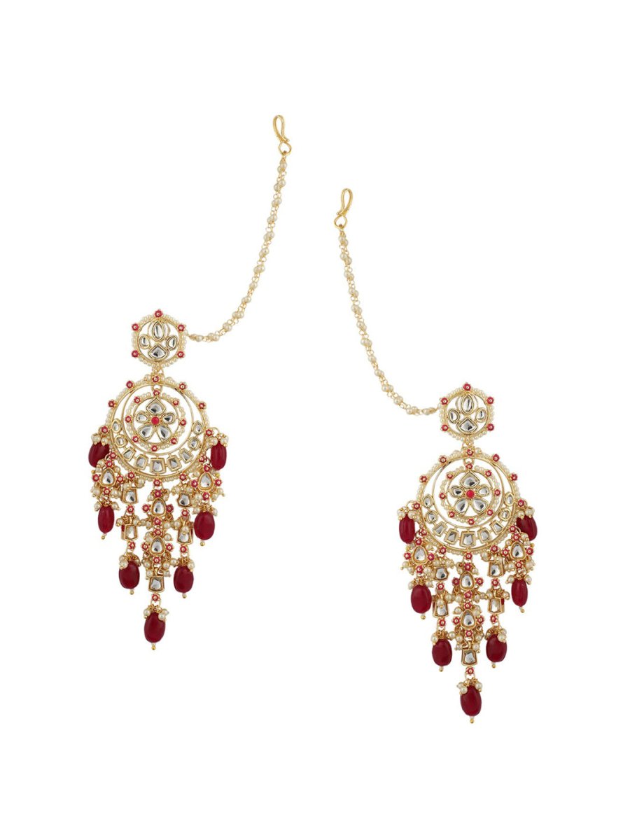 Anikas Creation Red & Gold-Polished Kundan Contemporary Chandbalis With Ear Chain Earrings | Swadesiicart