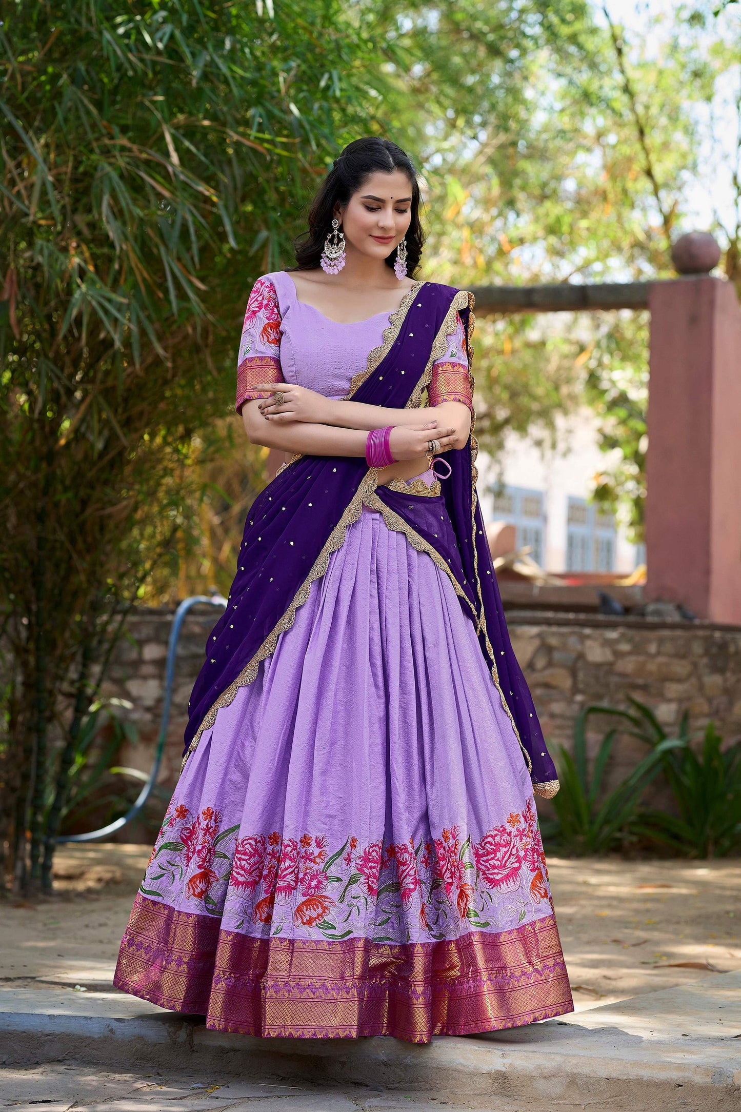 Lorenvalley Fashion Lavender Cotton Silk Thread Embroidery Work Lehenga Choli with Dupatta - Swadesiicart