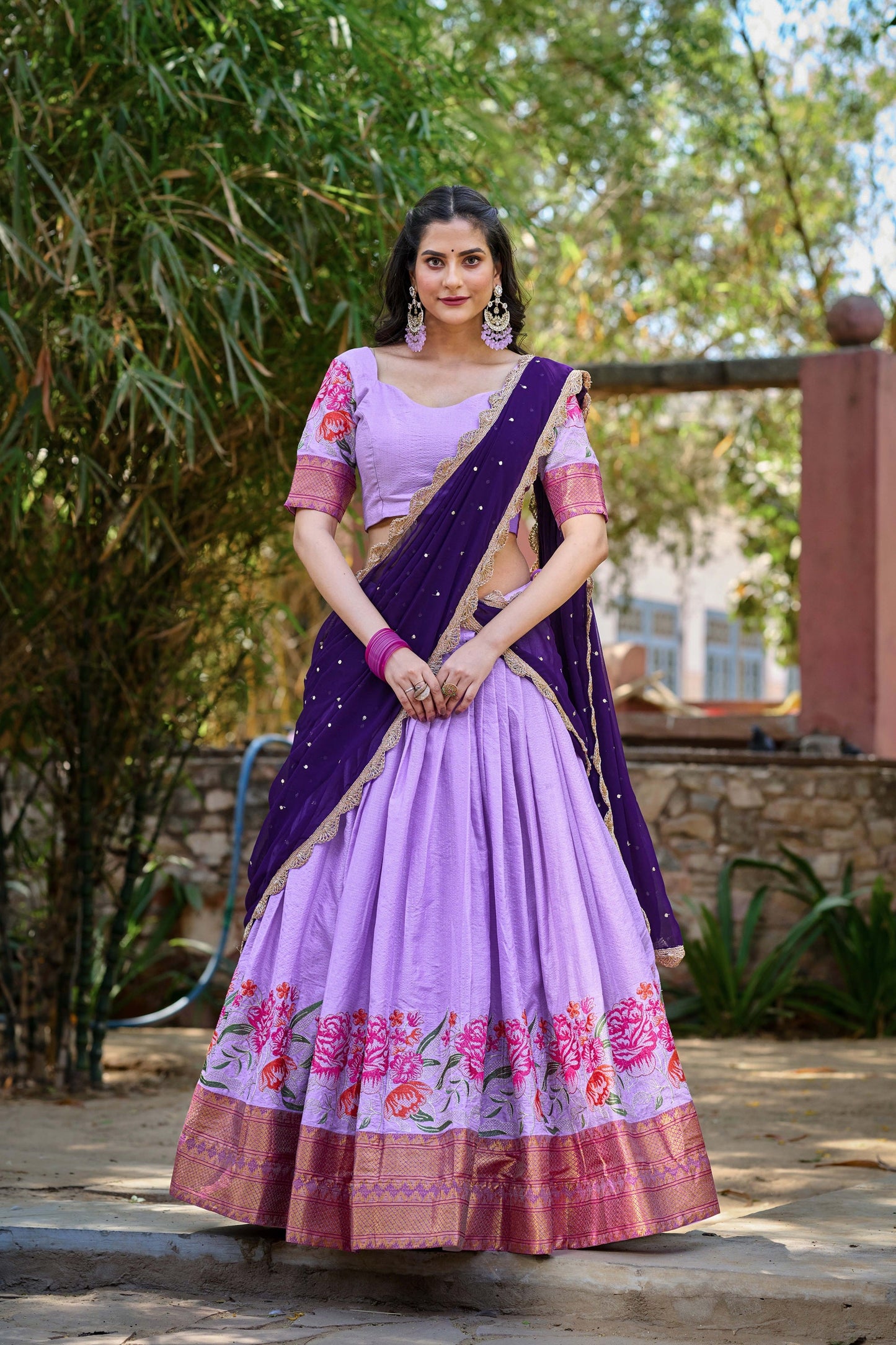 Lorenvalley Fashion Lavender Cotton Silk Thread Embroidery Work Lehenga Choli with Dupatta - Swadesiicart