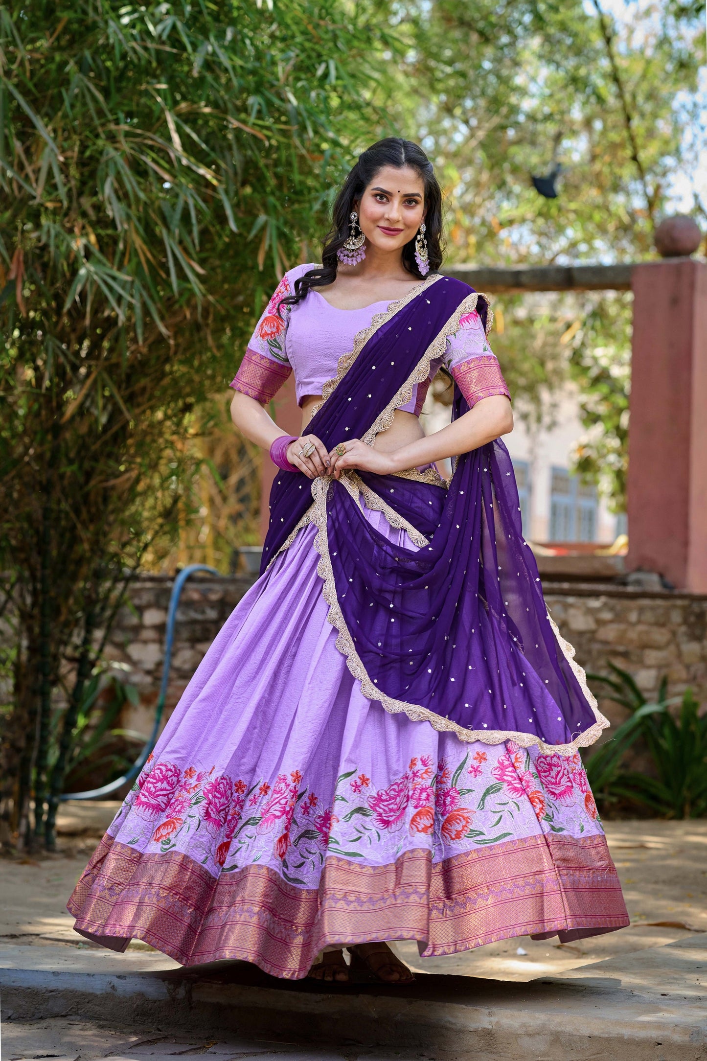 Lorenvalley Fashion Lavender Cotton Silk Thread Embroidery Work Lehenga Choli with Dupatta - Swadesiicart